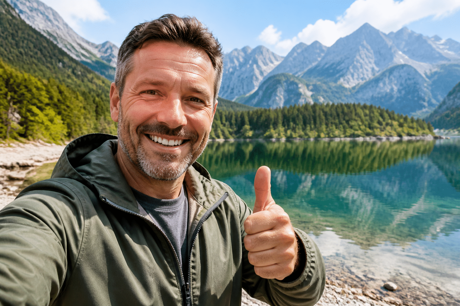 Chefredakteur lächelt und empfiehlt die digitale Vignette Österreich vor einem idyllischen Bergsee.