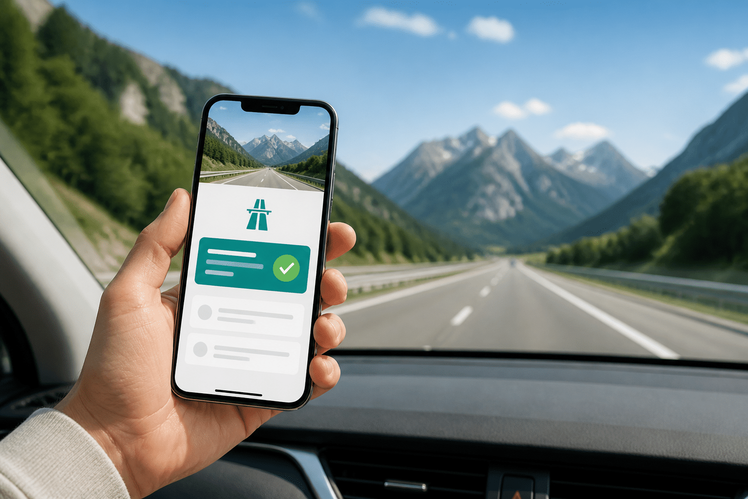Hand hält Smartphone mit App zur digitalen Vignette Österreich, Windschutzscheibe ist kleberfrei und zeigt freie Autobahn.