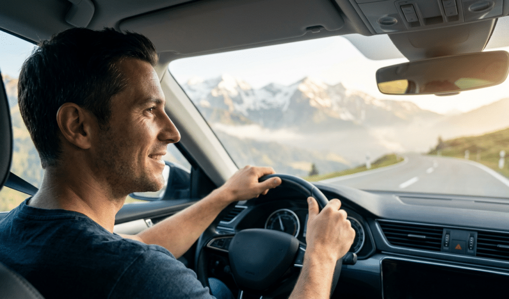 Digitale Vignette Österreich: Ein Mann fährt entspannt in einem Auto durch die österreichischen Alpen, bereit für seinen stressfreien Kurztrip dank digitaler Vignette Österreich.