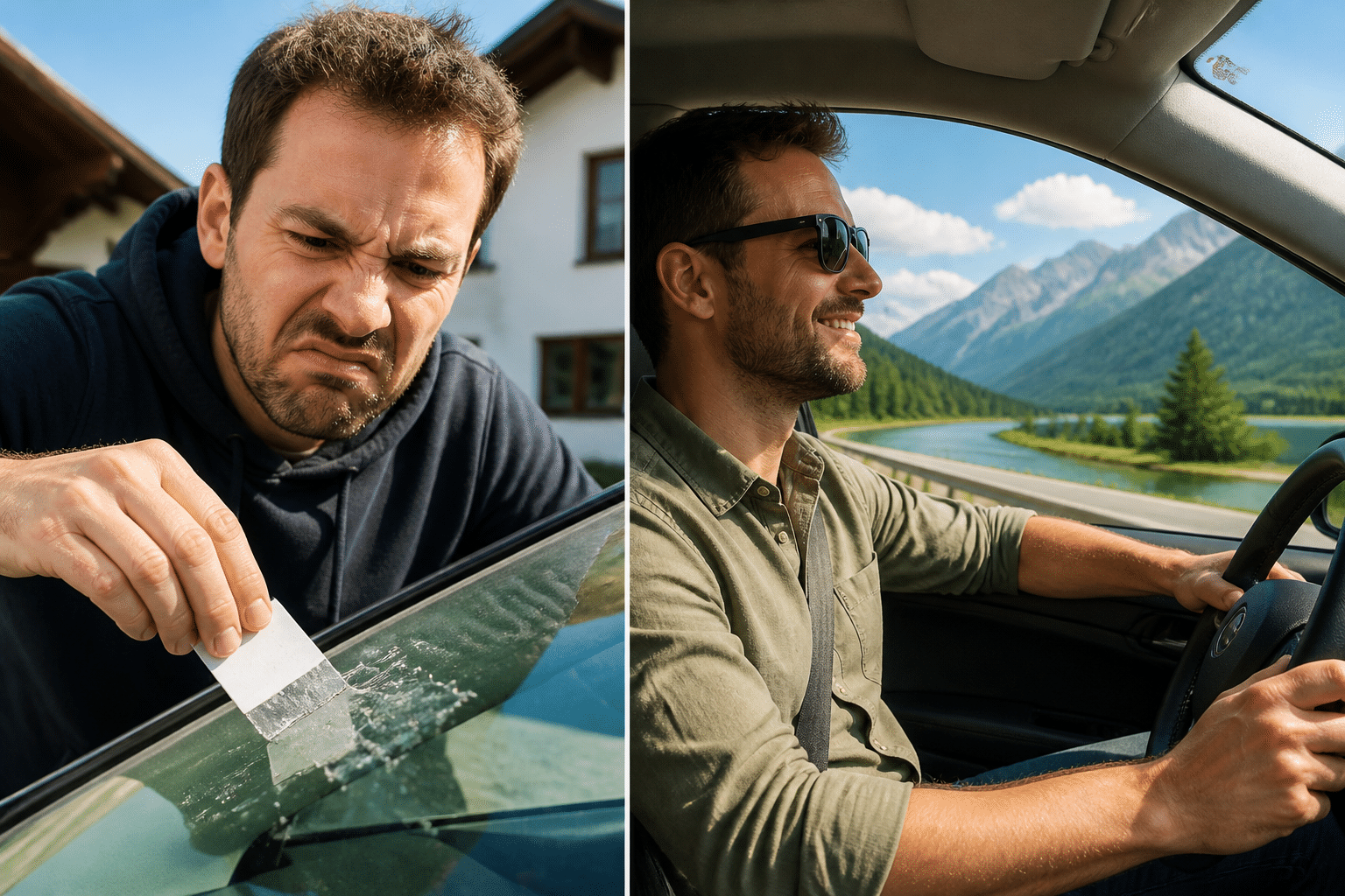 Digitale Vignette Österreich: Vergleich: Mühsames Kratzen einer alten Klebevignette und entspanntes Fahren mit digitaler Vignette Österreich.