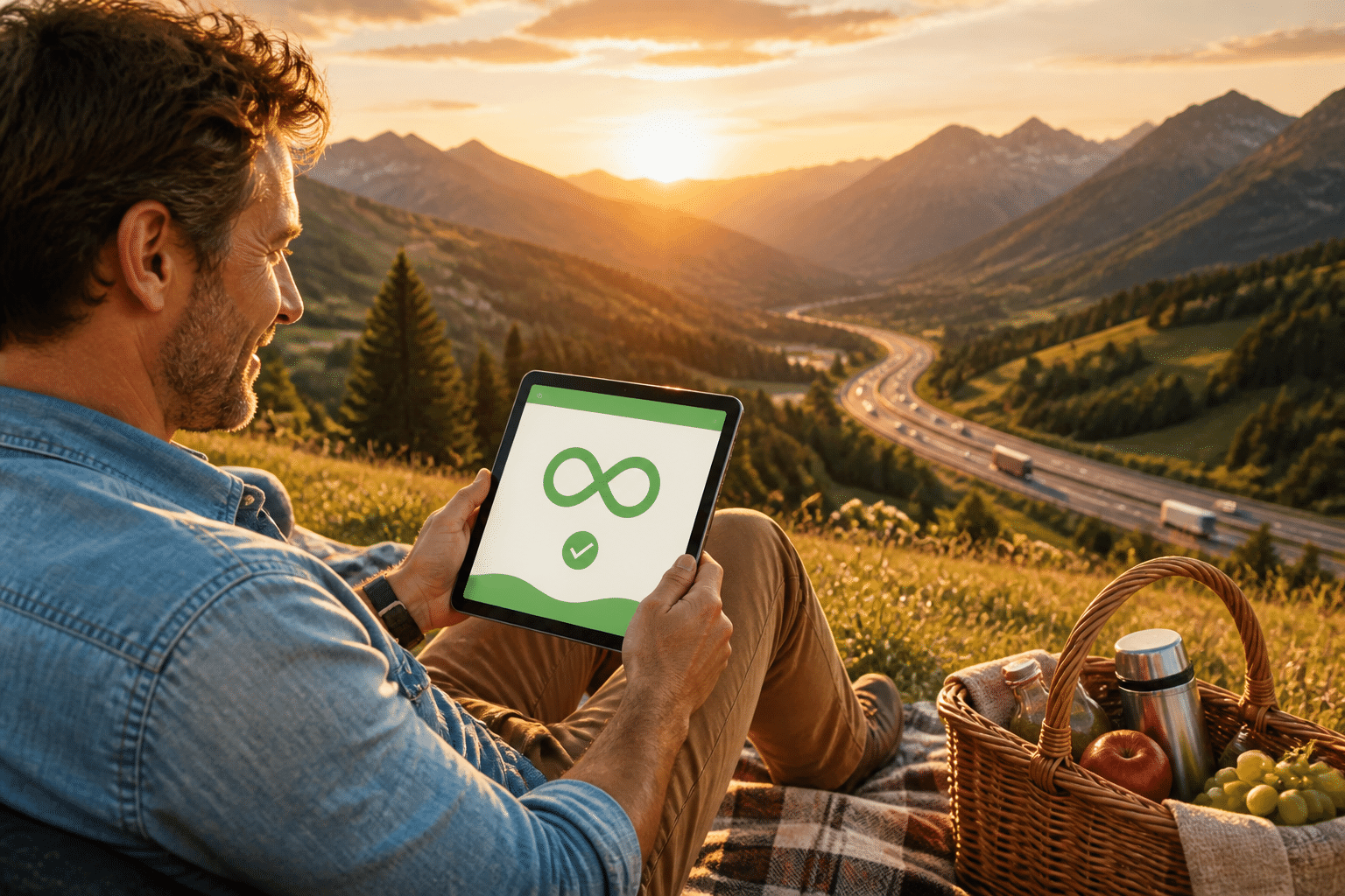 Person genießt Alpenblick mit Tablet, das unbegrenzte digitale Vignette Österreich anzeigt.